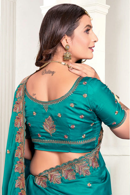 Rama Green Colour Satin Designer Saree