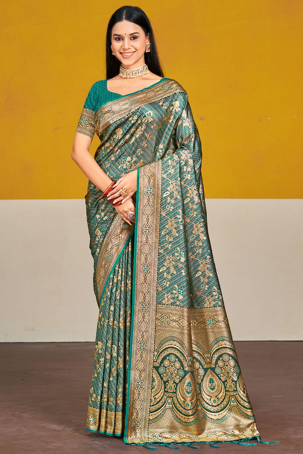 Rama Green Colour Satin Silk Traditional Saree