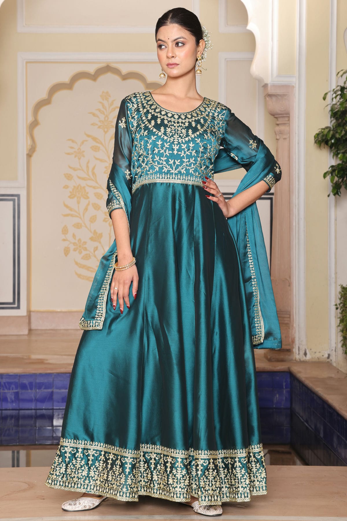 Rama Green Colour Semi Stitched Rangoli Silk Anarkali Suit VSSM1170040