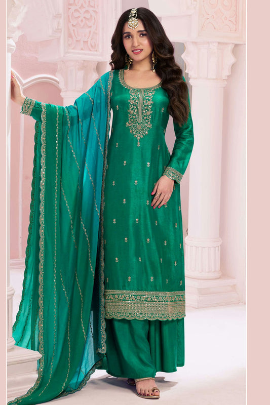 Rama Green Colour Semi Stitched Vichitra Silk Palazzo Pant Suit