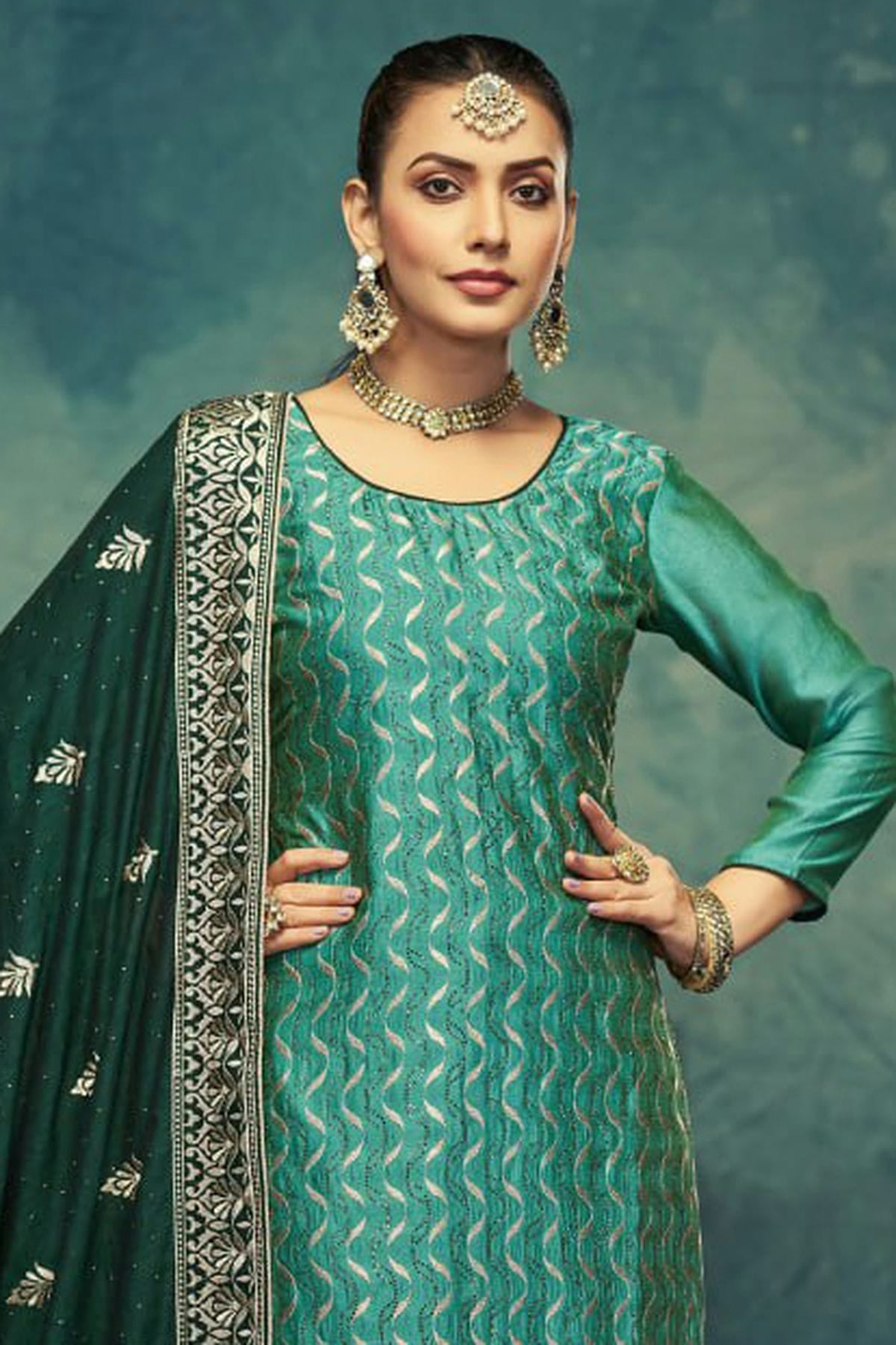 Rama Green Colour Semi Stitched Vichitra Silk Pant Style Suit VSSM1140510