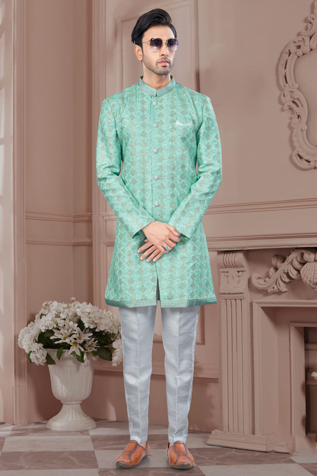Rama Green Colour Silk Dupion Sherwani