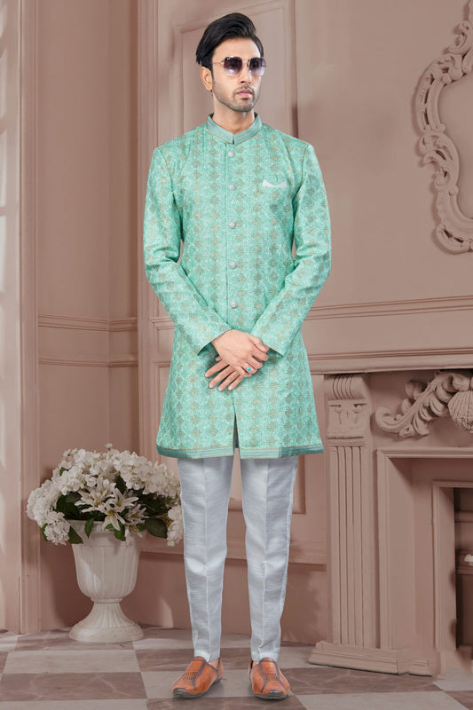 Rama Green Colour Silk Dupion Sherwani