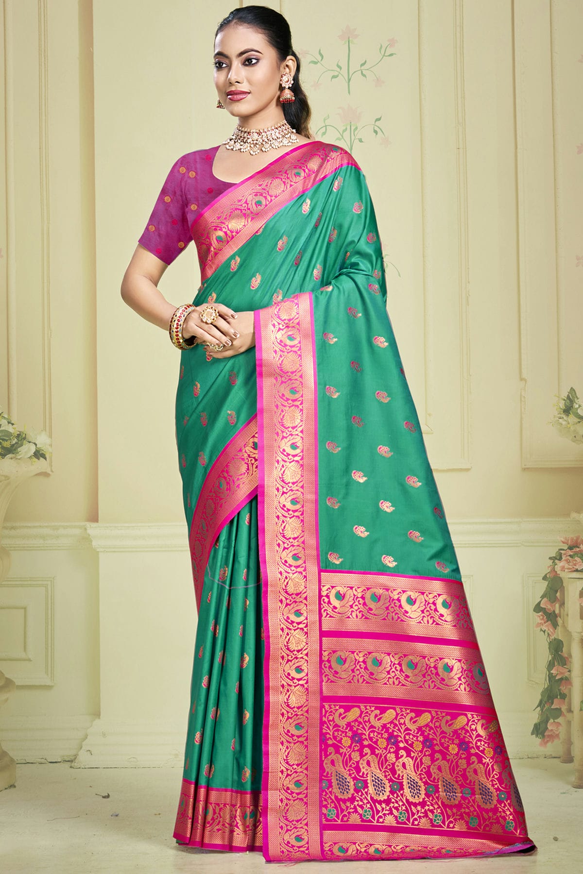 Rama Green Colour Silk Woven Work Traditional Saree