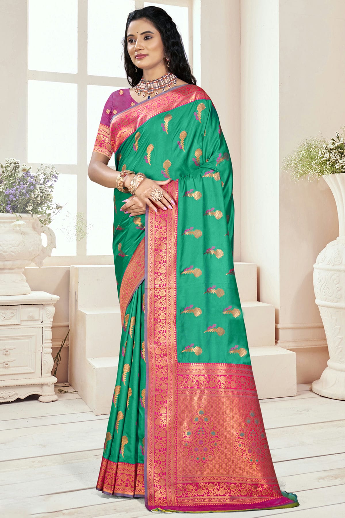 Rama Green Colour Silk Woven Work Traditional Saree