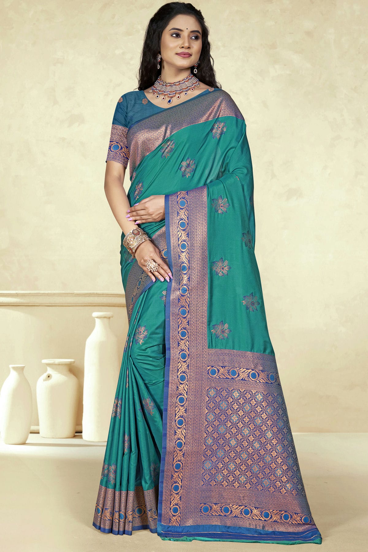 Rama Green Colour Silk Woven Work Traditional Saree