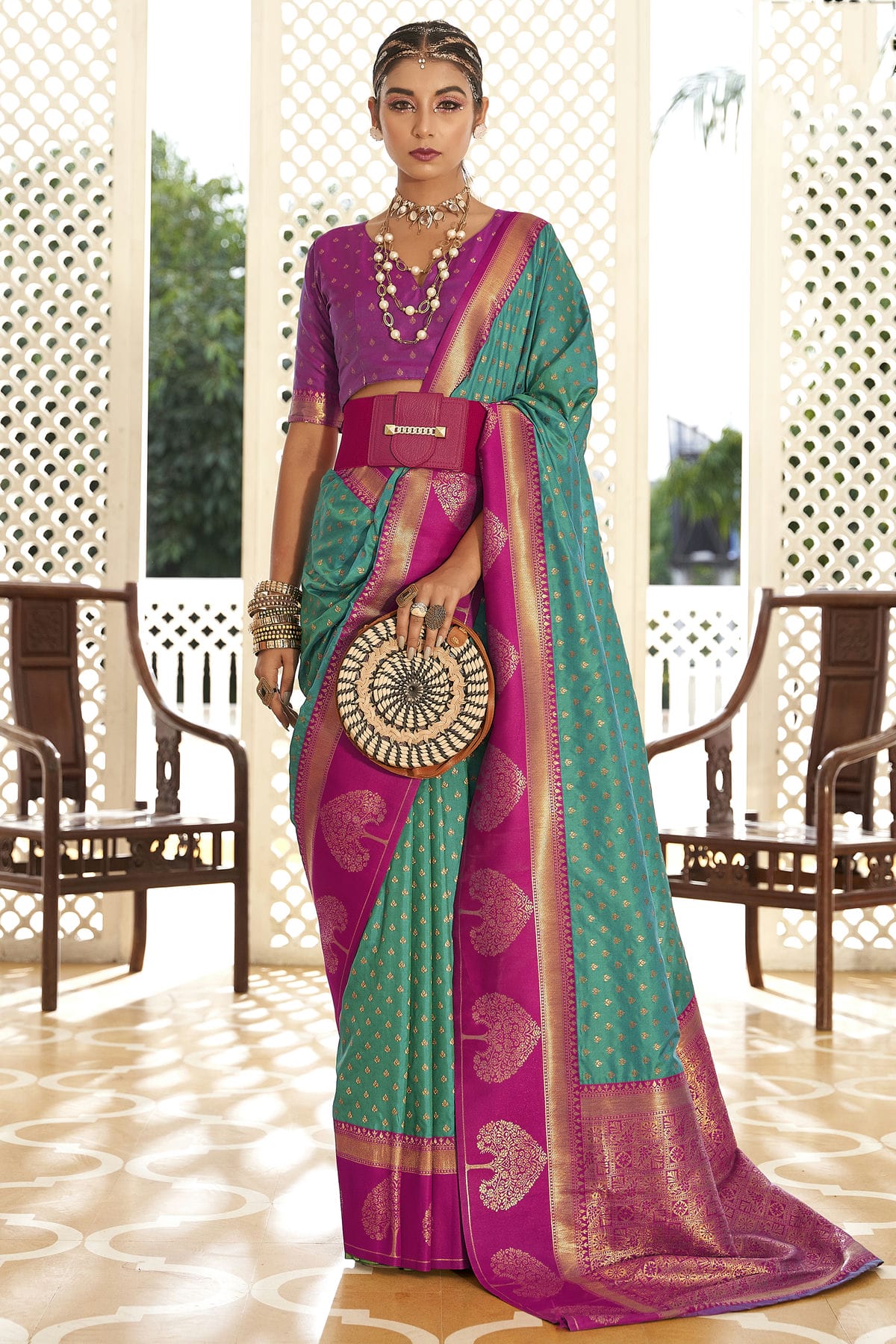 Rama Green Colour Soft Banarasi Silk Woven Work Saree