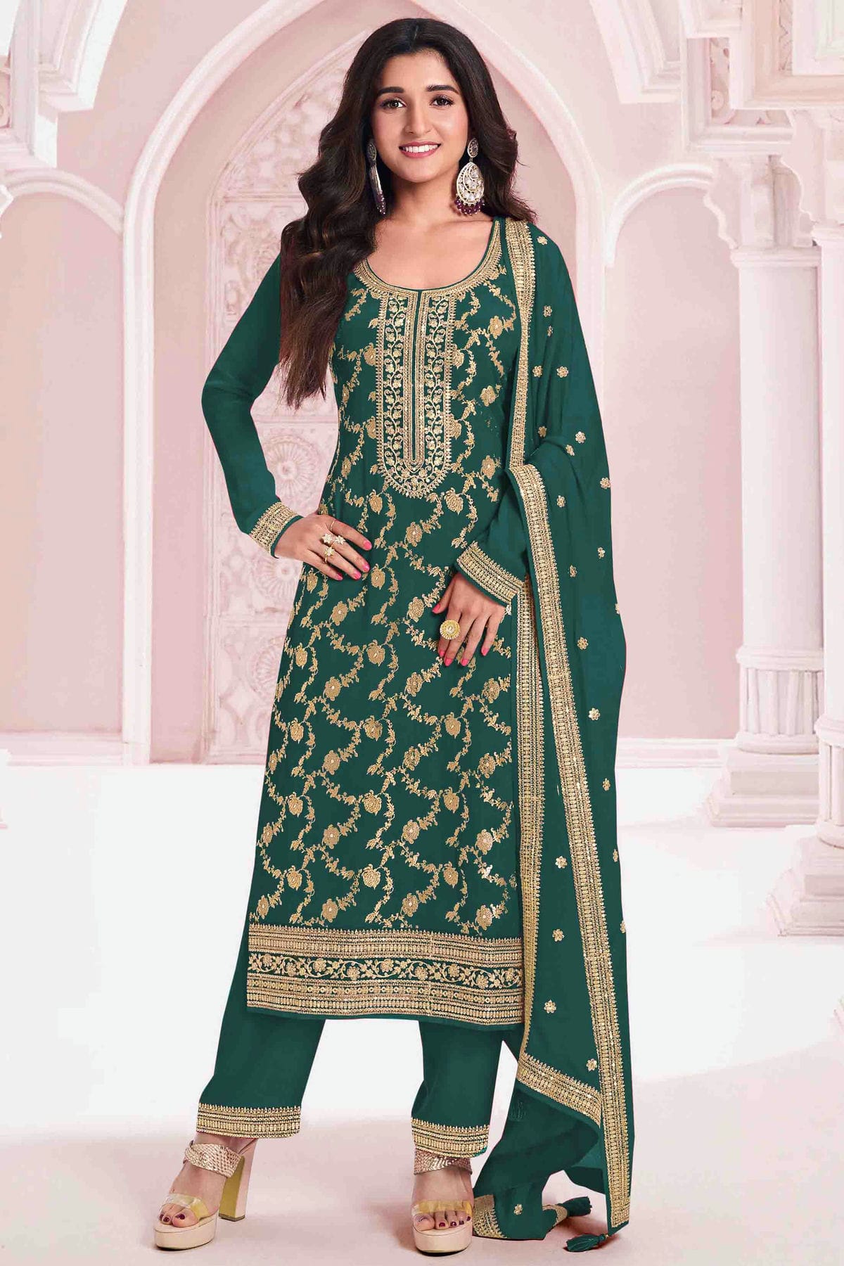 Rama Green Colour Viscose Jacquard Pant Style Suit VSSM1140912