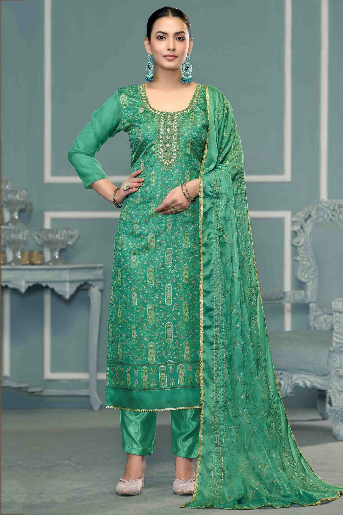 Rama Green Colour Viscose Organza Pant Style Suit VSSM1113248