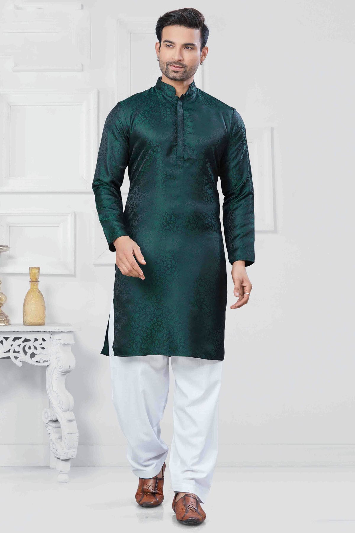 Rama Green Colour Woven Jacquard Silk Kurta Pajama VSKP1113454