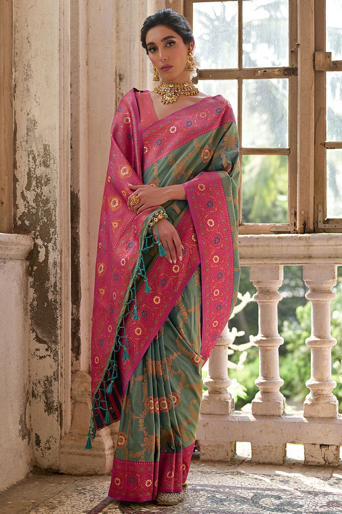 Rama Green Colour Woven Work Banarasi Silk Saree