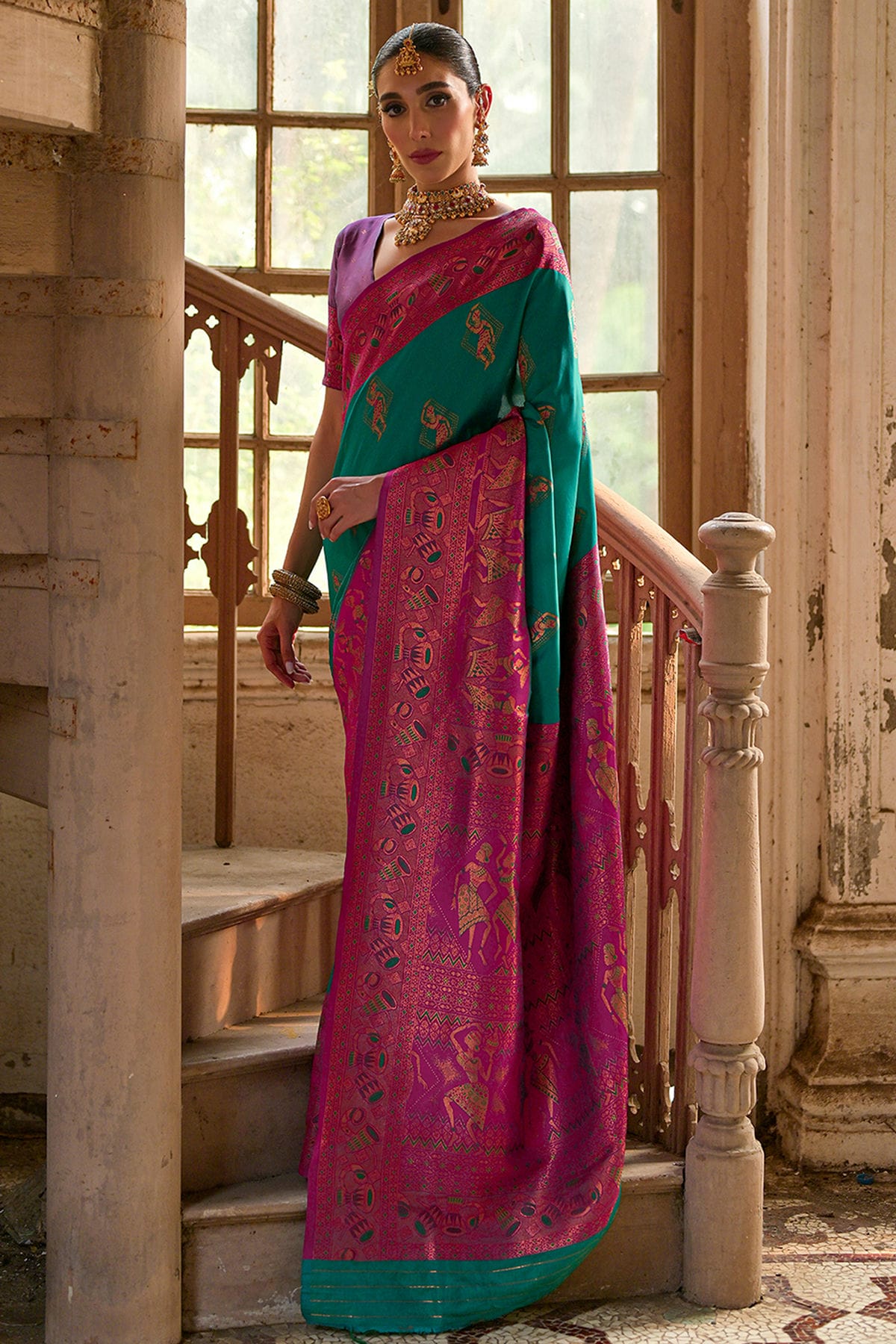 Rama Green Colour Woven Work Banarasi Silk Saree