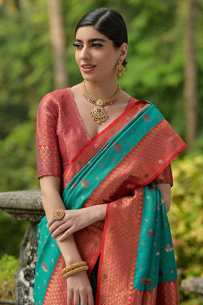 Rama Green Colour Woven Work Banarasi Silk Saree