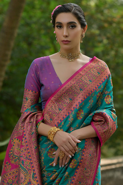 Rama Green Colour Woven Work Pashmina Silk Saree
