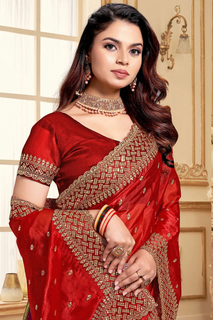 Red Colour Burberry Silk Designer Saree VSSD1121840