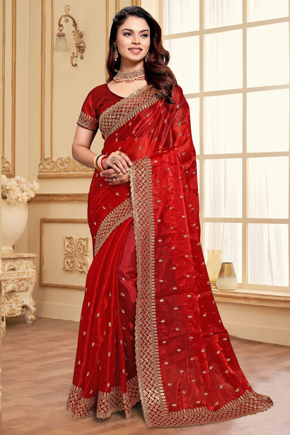 Red Colour Burberry Silk Designer Saree