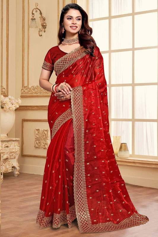 Red Colour Burberry Silk Designer Saree