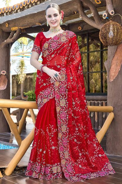Red Colour Burberry Silk Designer Saree