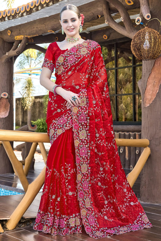 Red Colour Burberry Silk Designer Saree
