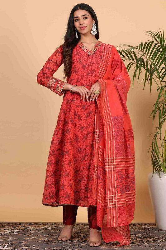 Red Colour Chanderi Stitched Suit VSSS1112916