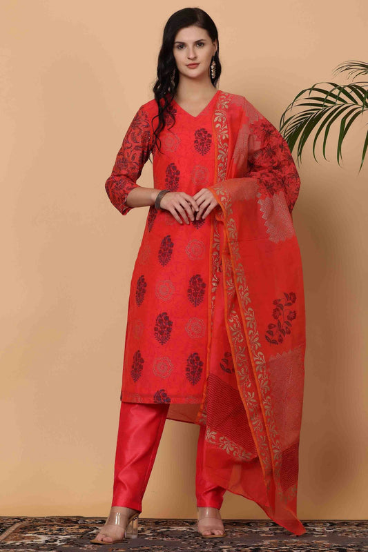 Red Colour Chanderi Stitched Suit VSSS1112917