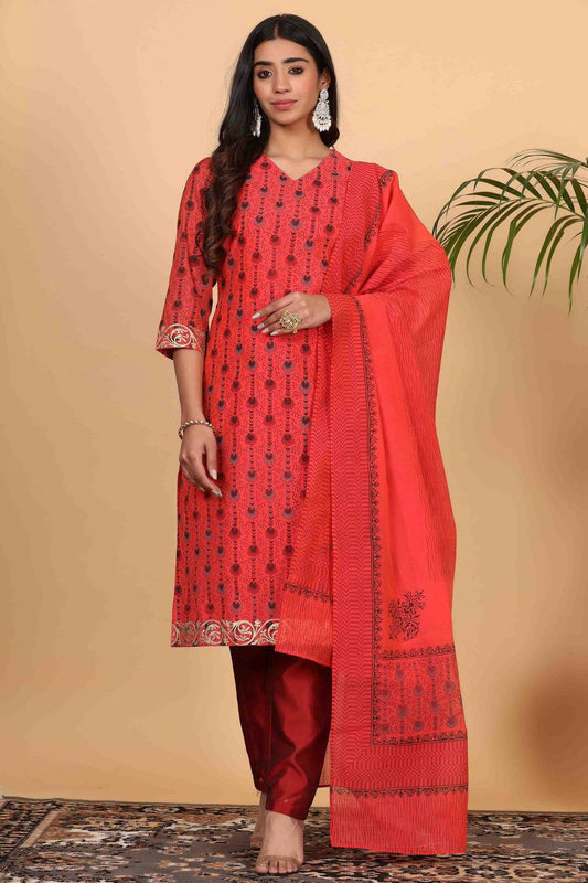 Red Colour Chanderi Stitched Suit VSSS1112920