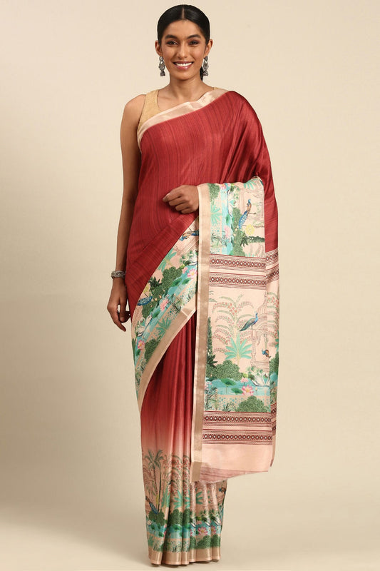 Red Colour Cotton Digital Printed Printed Saree