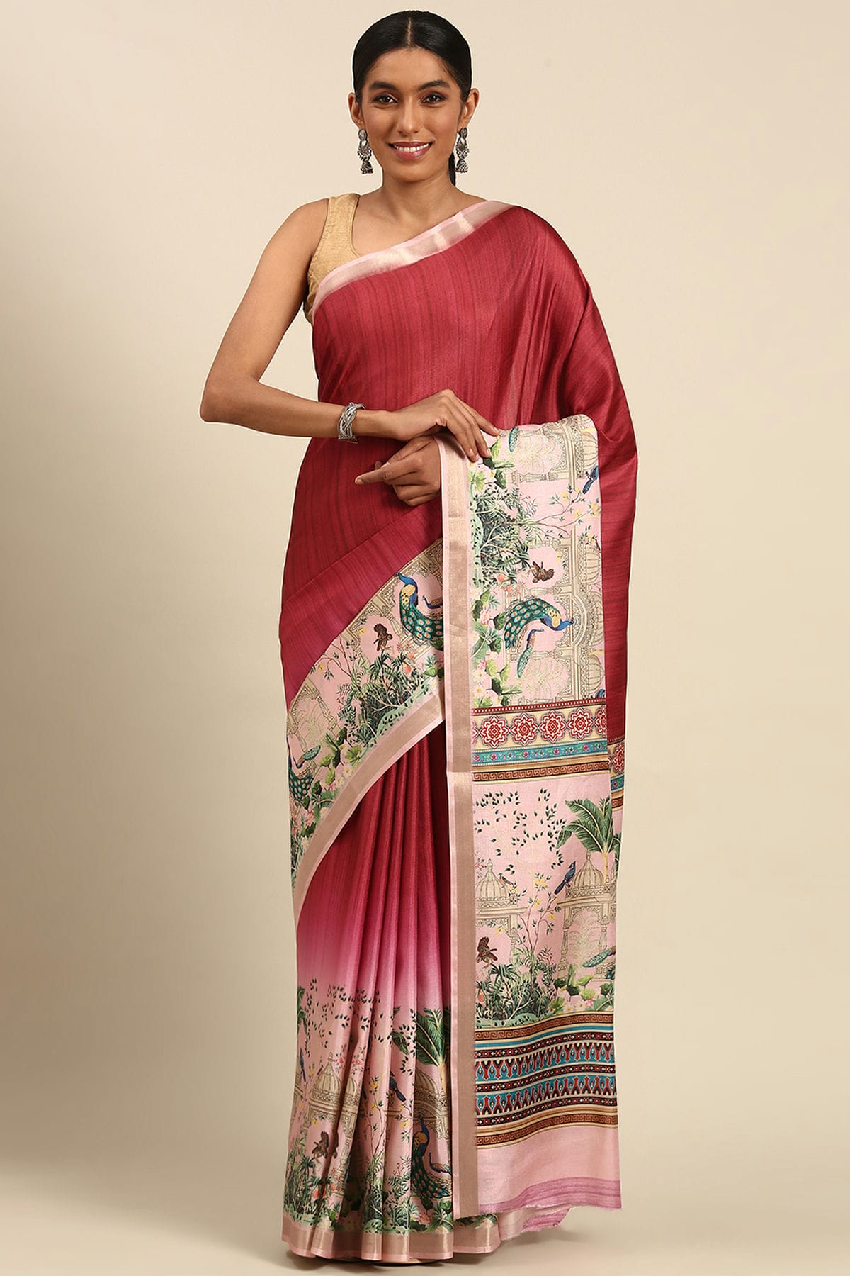 Red Colour Cotton Digital Printed Printed Saree