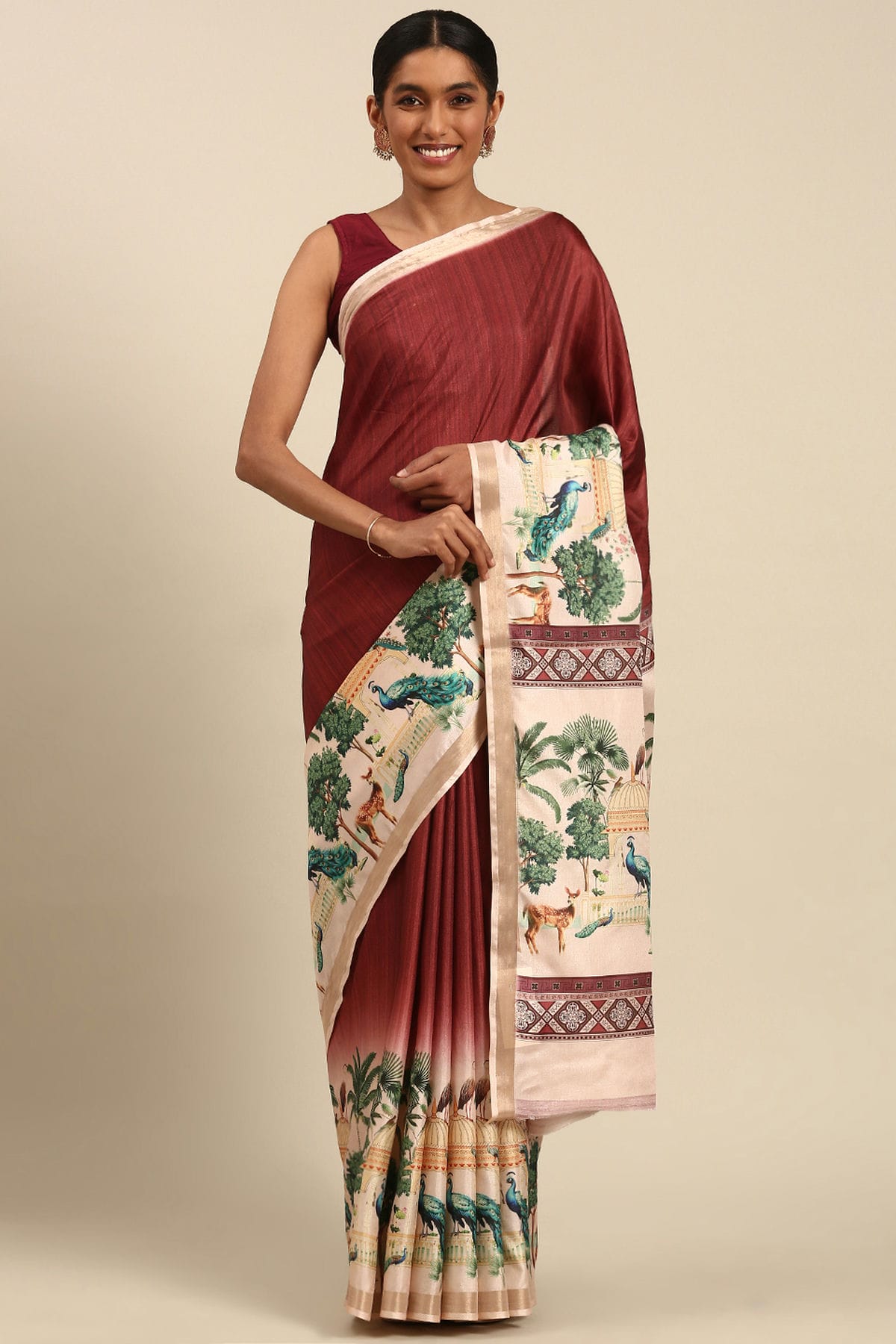 Red Colour Cotton Digital Printed Printed Saree