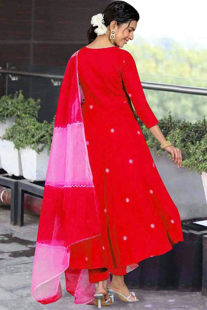 Red Colour Embroidery Viscose Anarkali Suit VSSS1113496