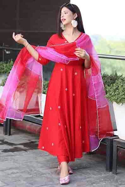 Red Colour Embroidery Viscose Anarkali Suit VSSS1113496