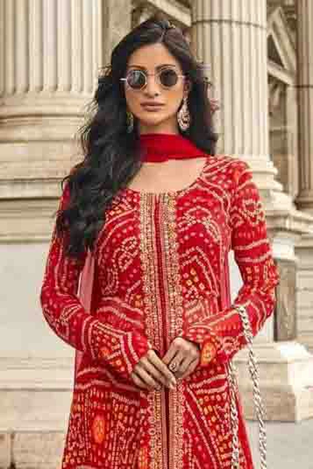 Red Colour Faux Georgette Palazzo Pant Suit VSSM1140849