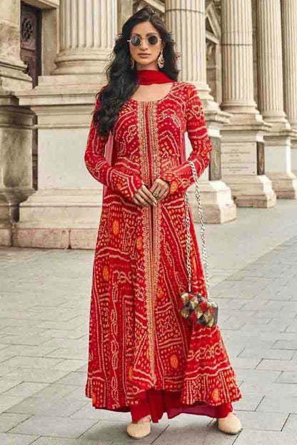 Red Colour Faux Georgette Palazzo Pant Suit VSSM1140849