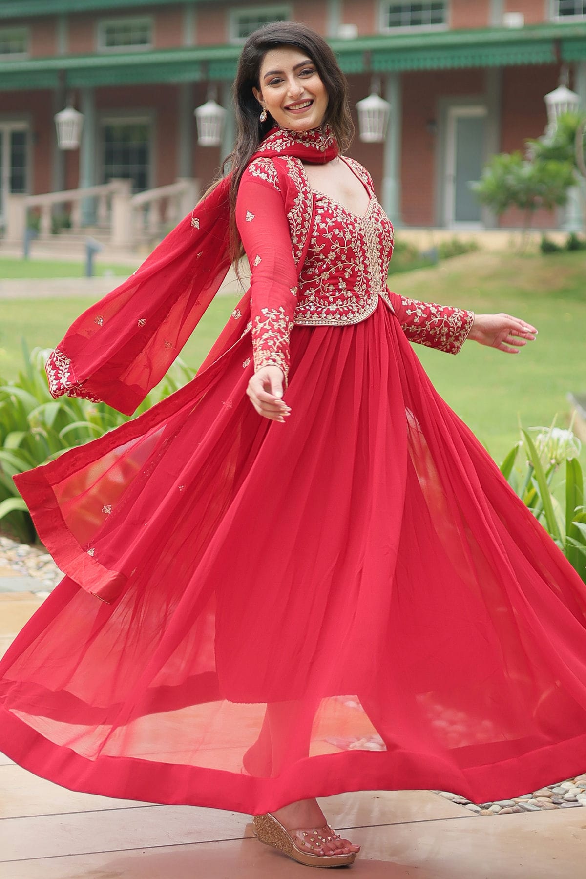 Red Colour Faux Georgette Stitched Gown VSGW1112332