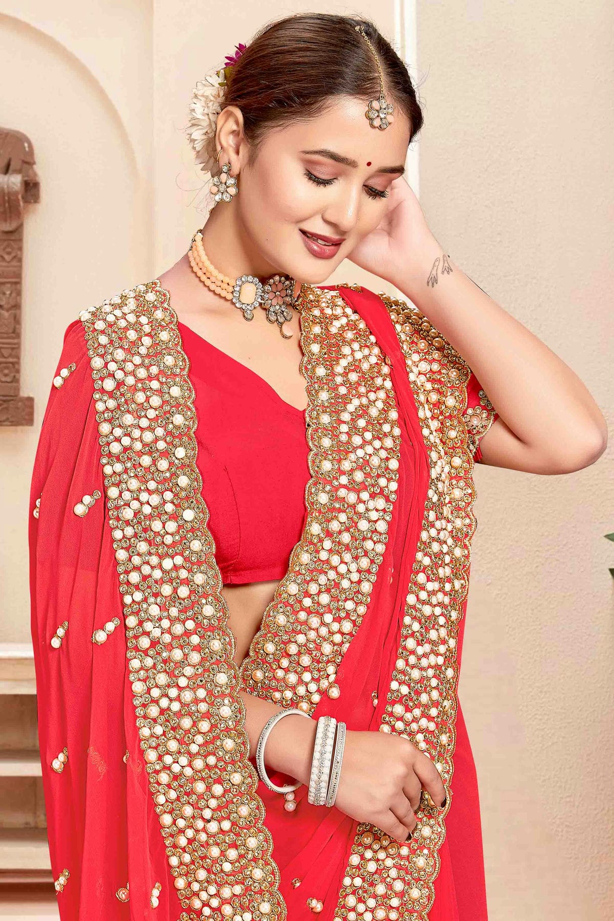 Red Colour Georgette Embroidery Work Designer Saree VSSD1091244