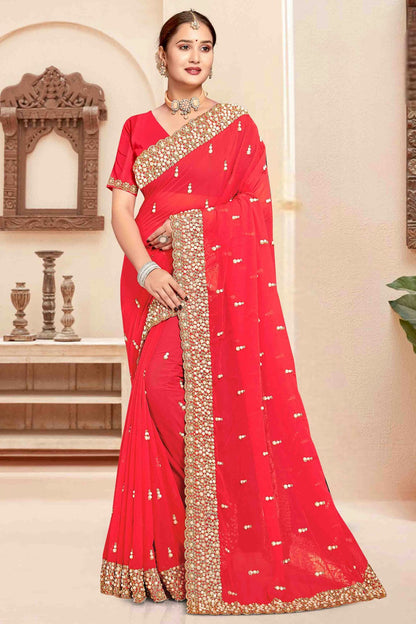 Red Colour Georgette Embroidery Work Designer Saree VSSD1091244
