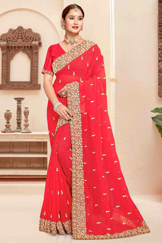 Red Colour Georgette Embroidery Work Designer Saree VSSD1091244