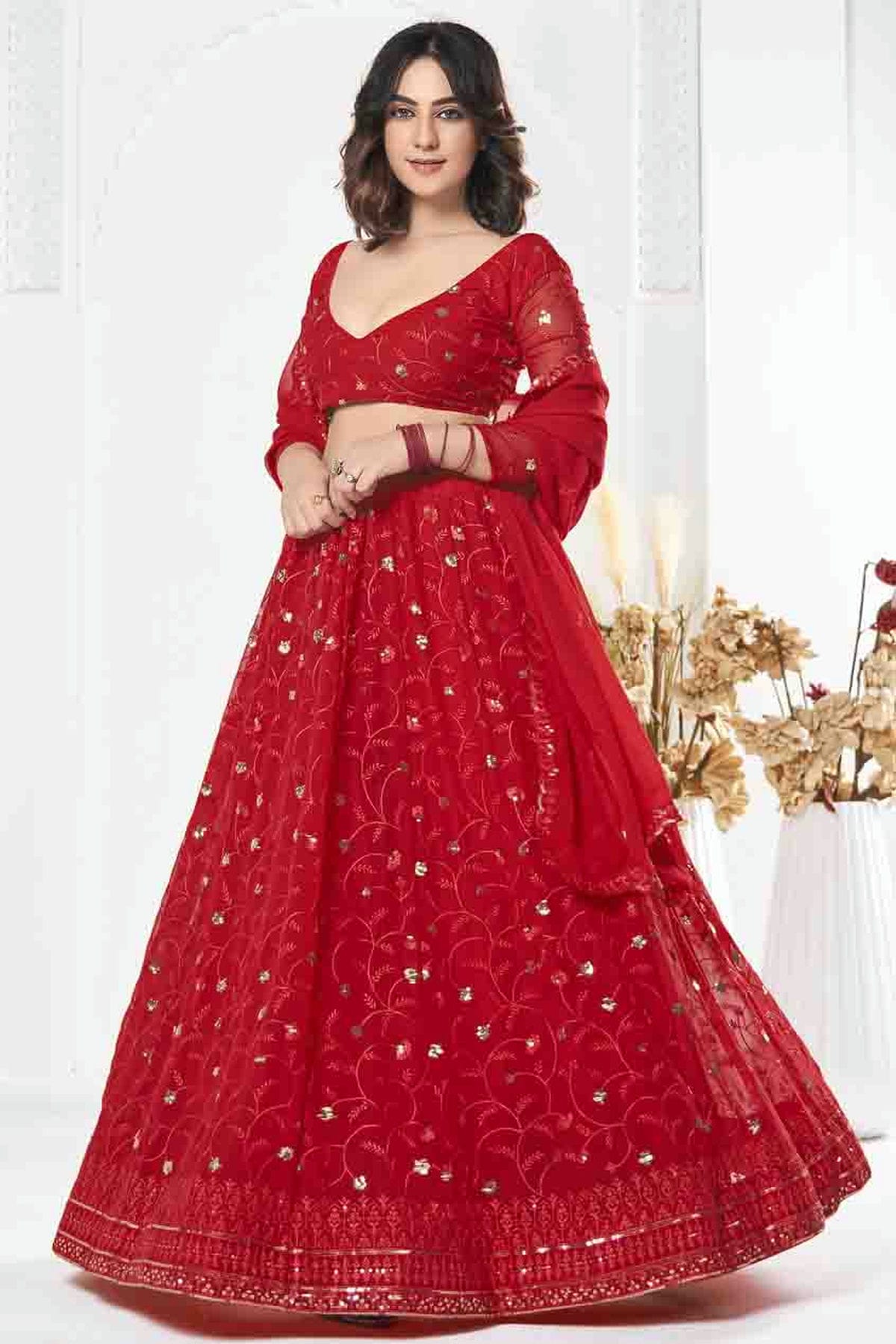Red Colour Georgette Semi Stitched Lehenga Choli VSLC1170092