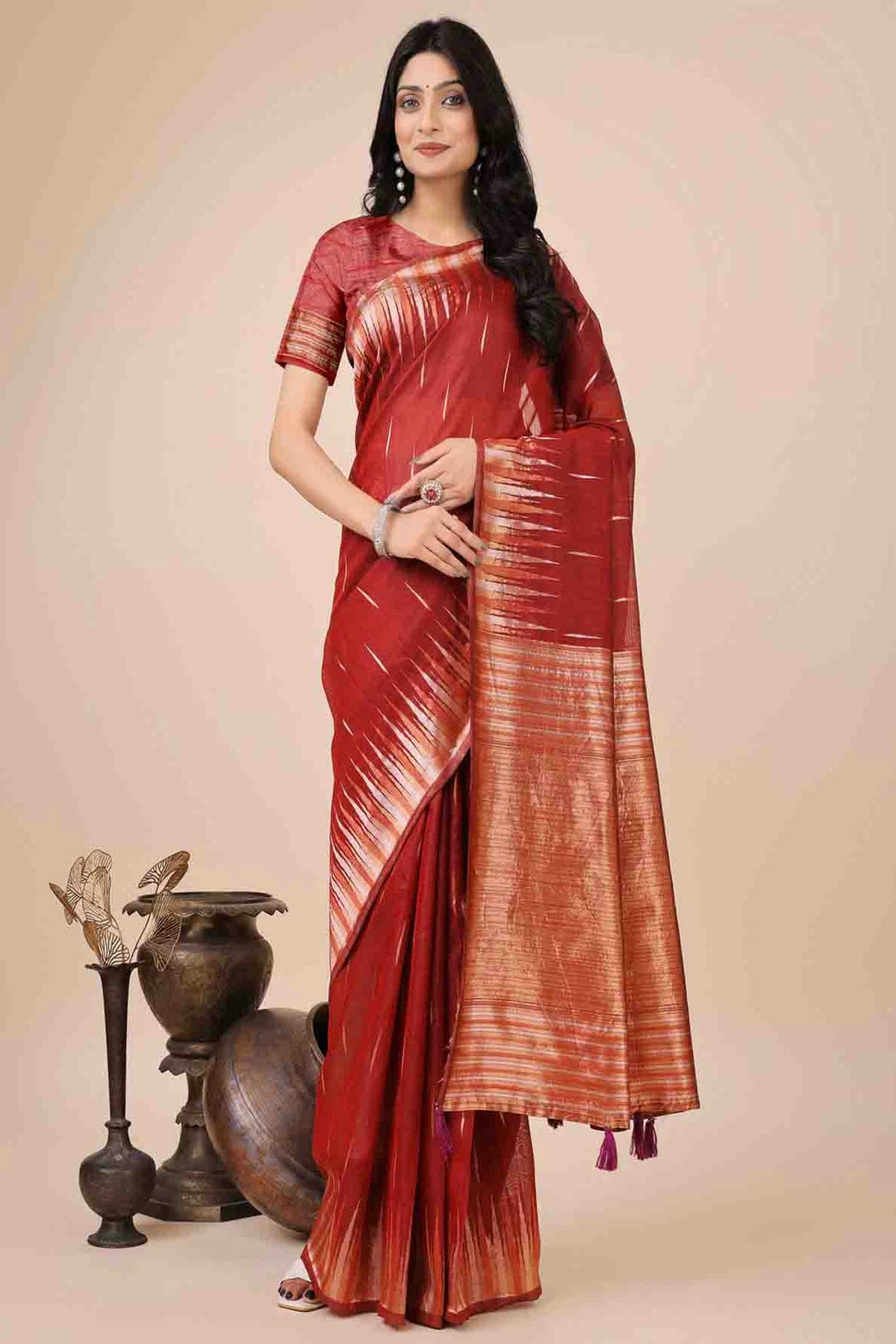 Red Colour Linen Cotton Woven Traditional Sarees VSSD1113779