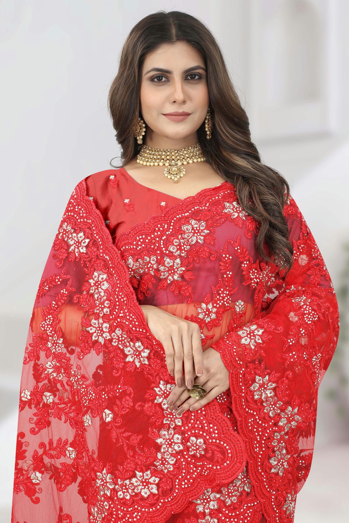 Red Colour Net Designer Saree