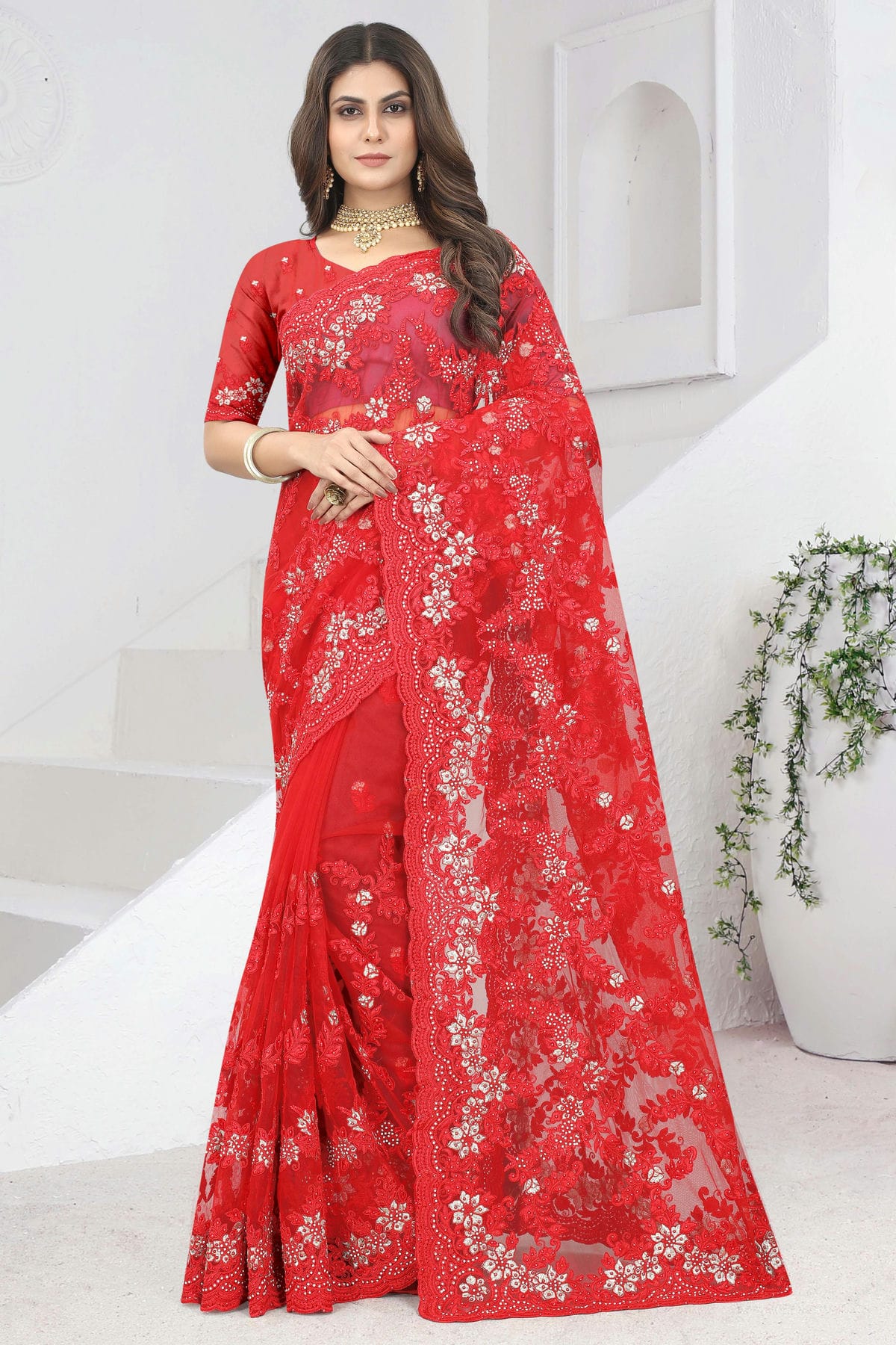 Red Colour Net Designer Saree