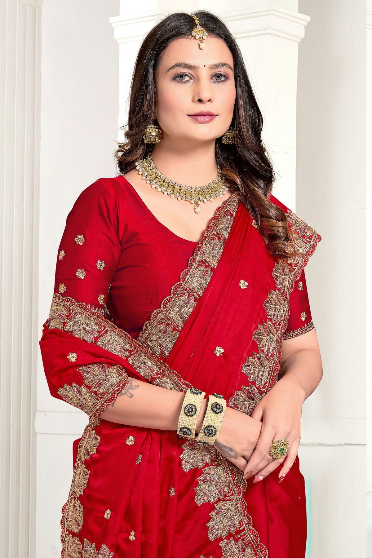 Red Colour Satin Designer Saree