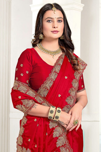 Red Colour Satin Designer Saree