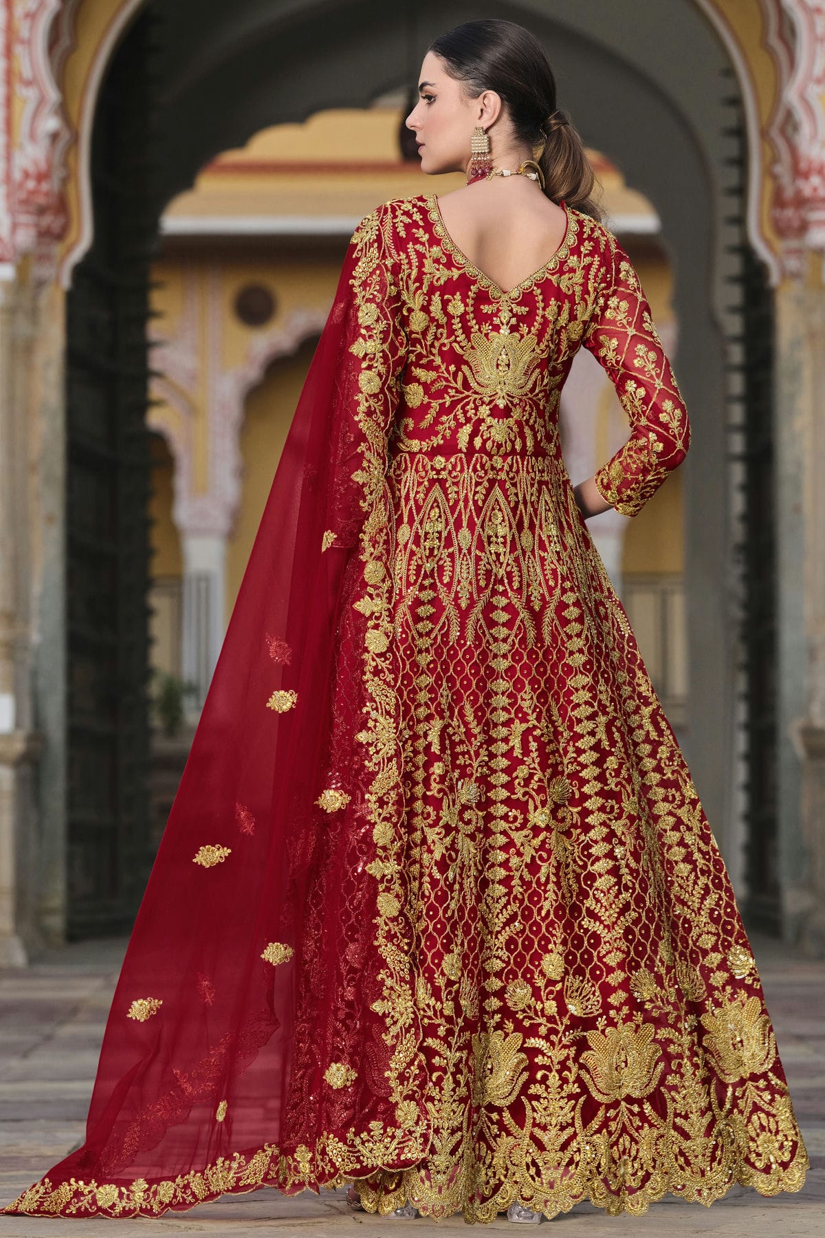 Red Colour Semi Stitched Butterfly Net Anarkali Suit VSSM1140648