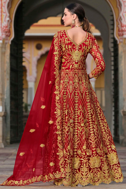 Red Colour Semi Stitched Butterfly Net Anarkali Suit VSSM1140648