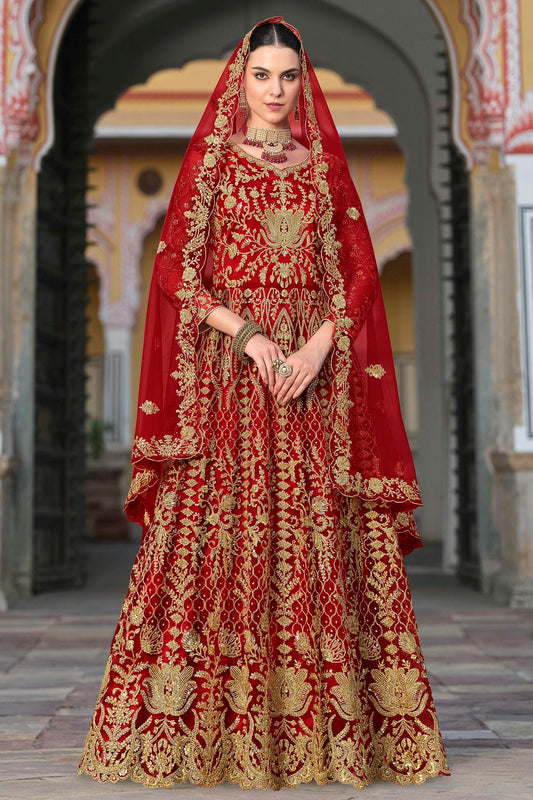 Red Colour Semi Stitched Butterfly Net Anarkali Suit VSSM1140648