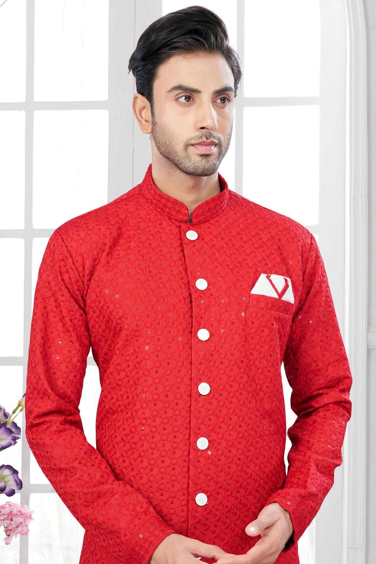 Red Colour Silk Dupion Sherwani VSSH1040608