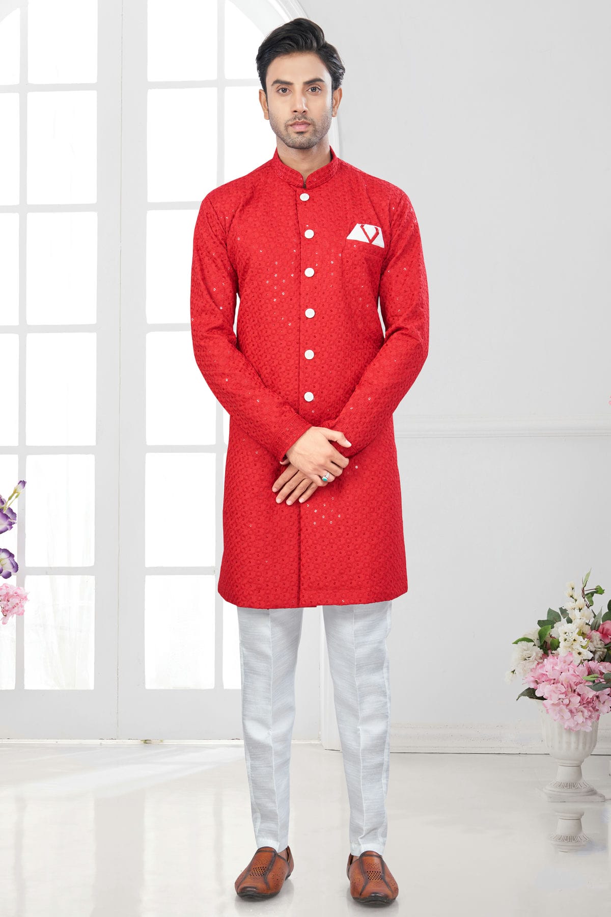 Red Colour Silk Dupion Sherwani