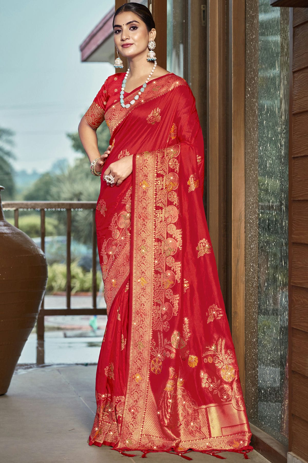 Red Colour Silk Woven Work Traditional Saree