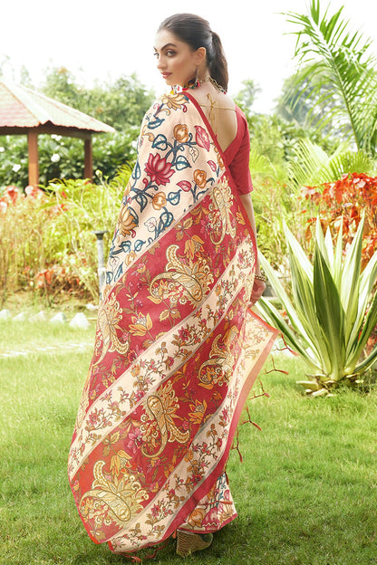 Red Colour Tussar Silk Printed Saree VSSD1112087